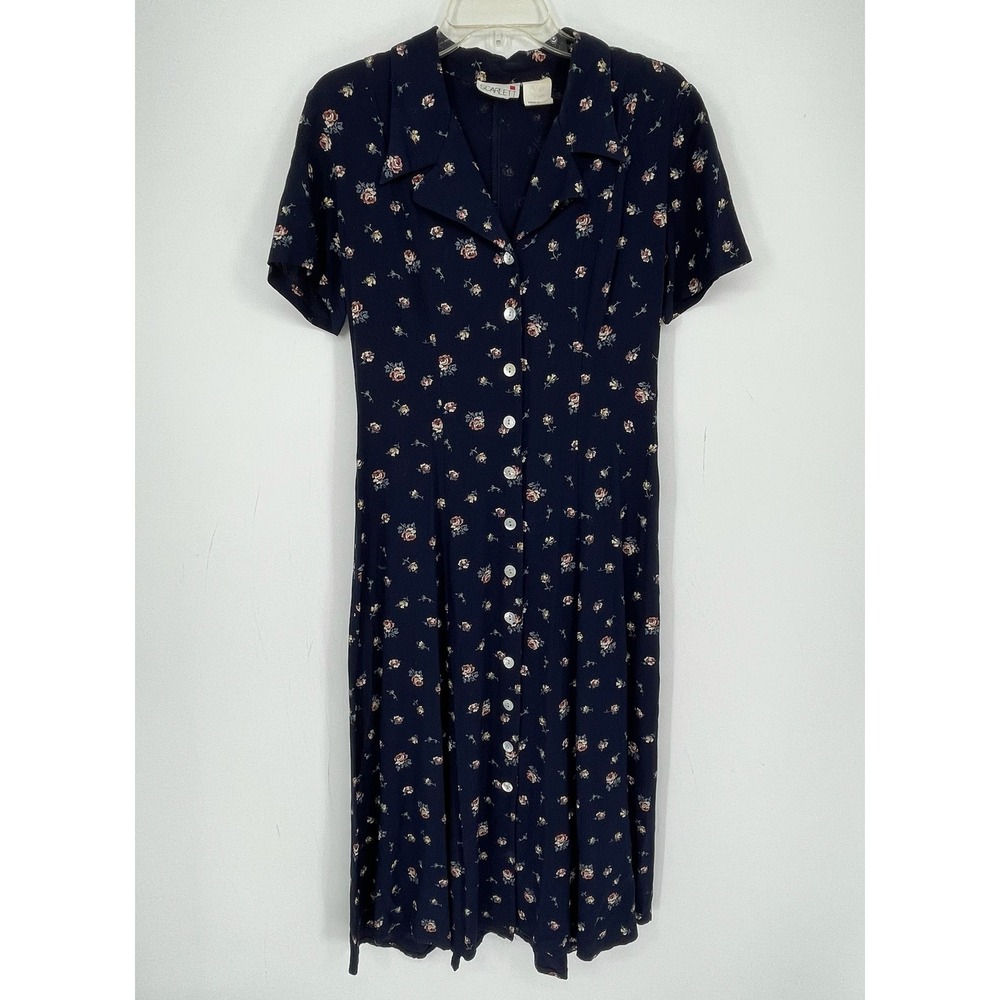 Scarlett Women's Vintage Navy Floral Lace-Up Back Button Up Midi Dress Size 10